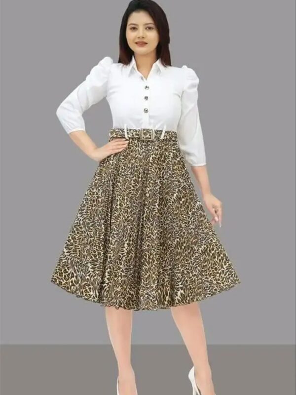 White Animal Printed Korean Shirt Dress for Women