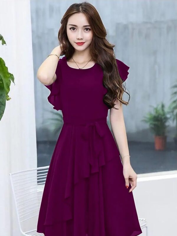 Purple Solid Korean Midi Tiered Dress for Women