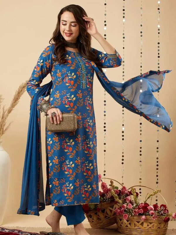 Shri Ram Teal Floral Straight Kurta Set for Women