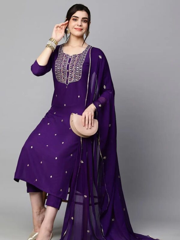 Shri Ram Violet Embellished Straight Kurta Set for Women