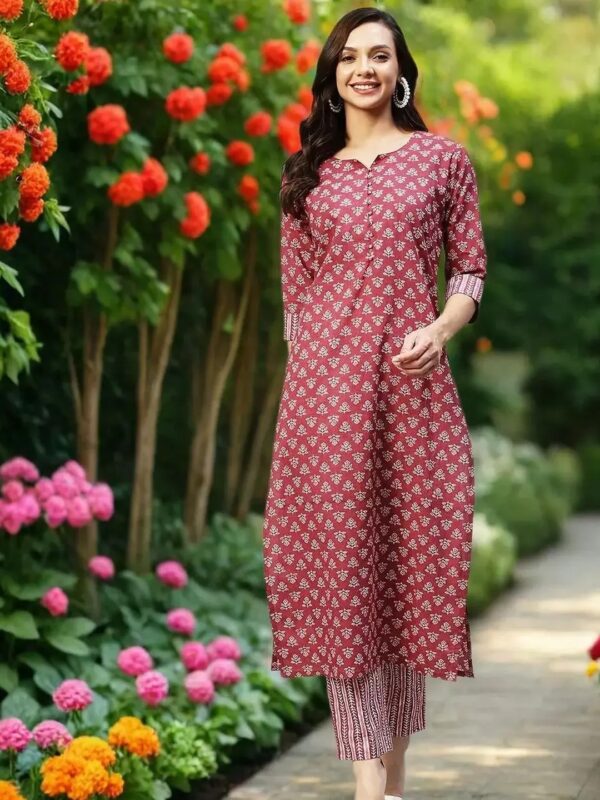 Shri Ram Maroon Ethnic Printed Kurta Set for Women