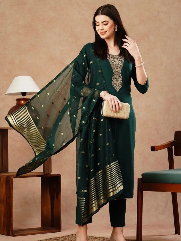 Shri Ram Dark Green Embellished Kurta Set for Women