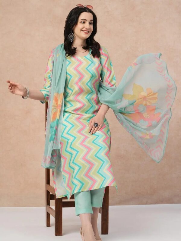 Sky Blue Zig Zag Printed Kurta Set for Women