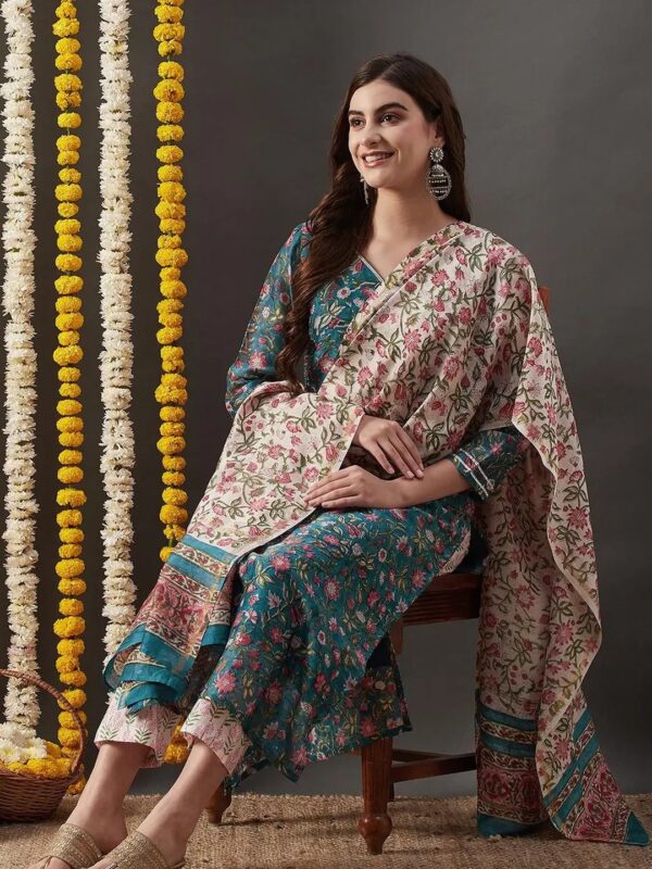Shri Ram Teal Ethnic Printed Kurta Set for Women