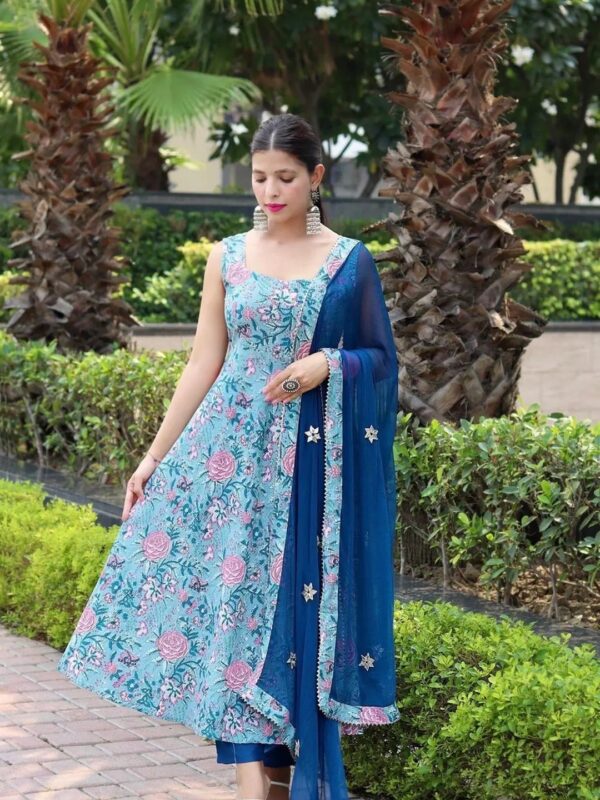Shri Ram Blue Floral Anarkali Kurta Set for Women