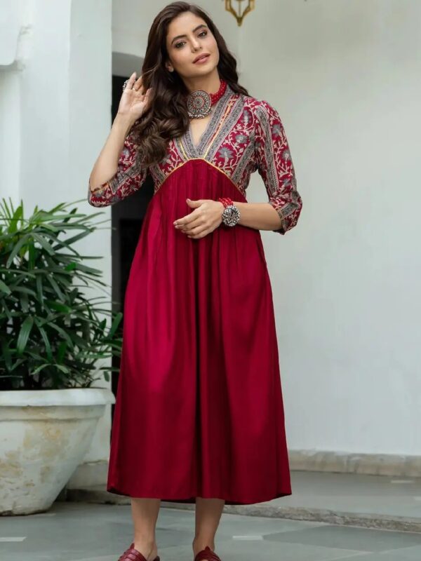 Shri Ram Maroon Printed Alia Cut A-line Dress for Women