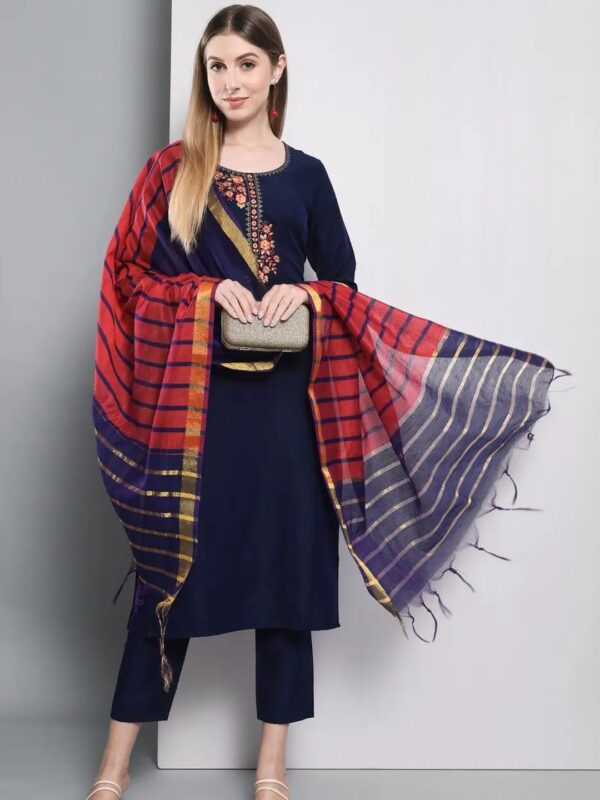 Shri Ram Navy Blue Embroidered Kurta Set for Women