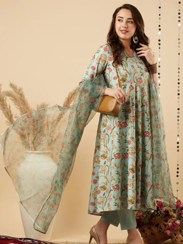 Shri Ram Pista Green Floral Anarkali Kurta Set for Women