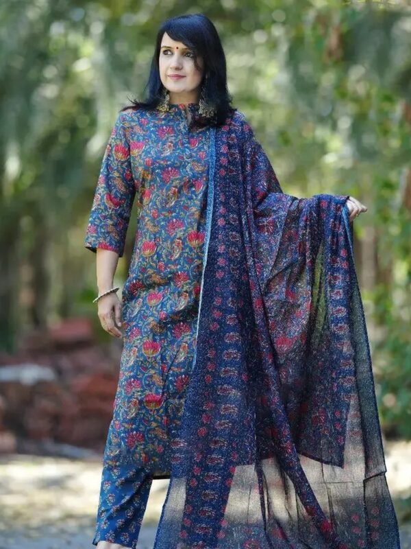 Shri Ram Navy Blue Floral Kurta Set for Women