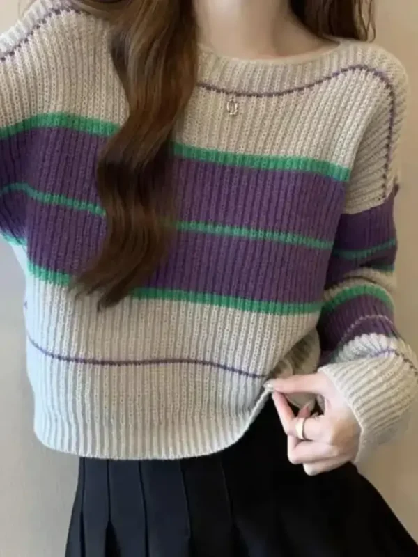 Purple Striped Cropped Knit Pullover for Women