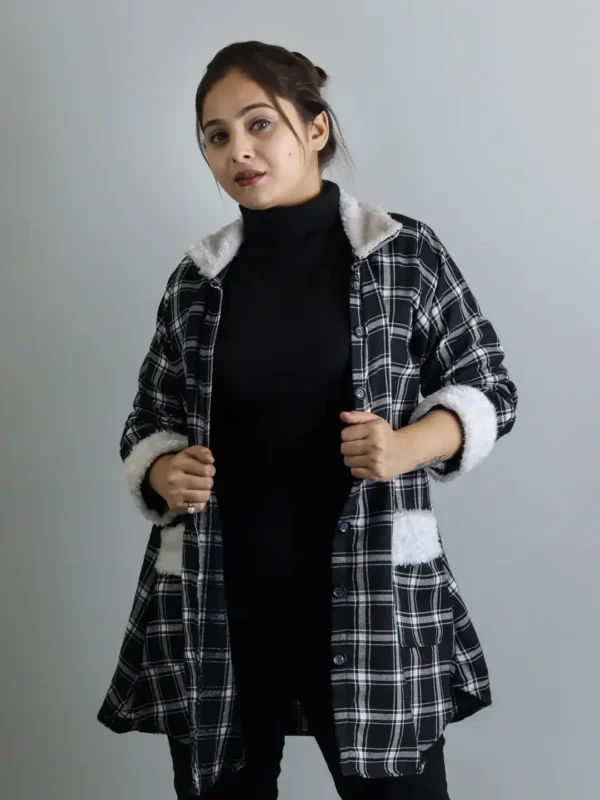 Black Checked Wool Shacket with Pockets for Women