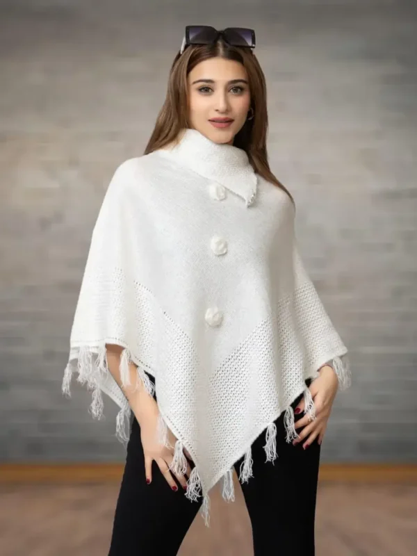 Solid Embroidered Wool Poncho for Women
