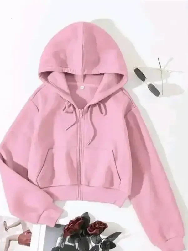 Solid Front Zip Cropped Hoodie for Women