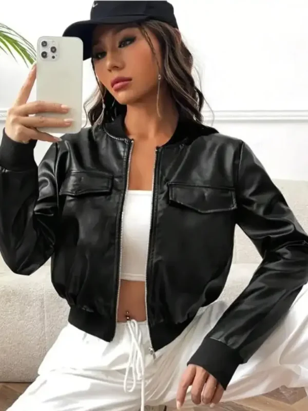 Solid Black Cropped Leather Jacket for Women