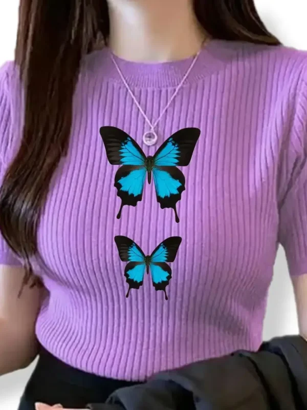 Butterfly Ribbed Bodycon Top for Women