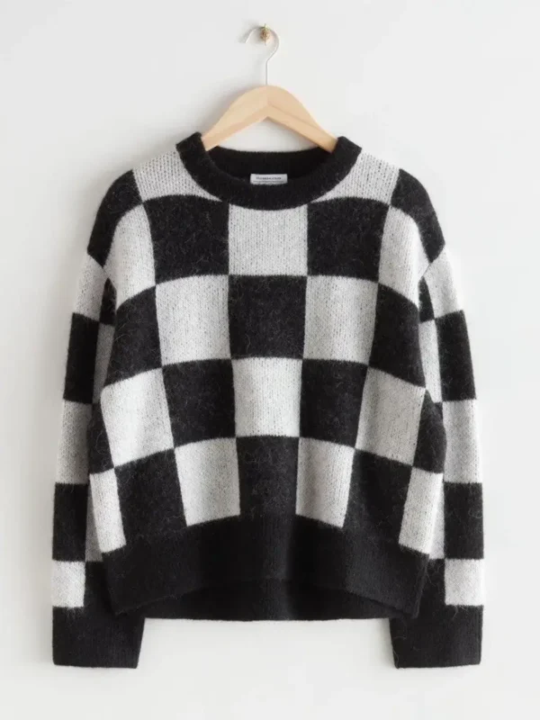 Black Checked Wool Relaxed Pullover for Women