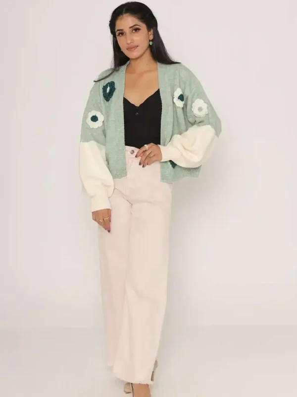 Mint Floral Embroidery Relaxed Cardigan for Women