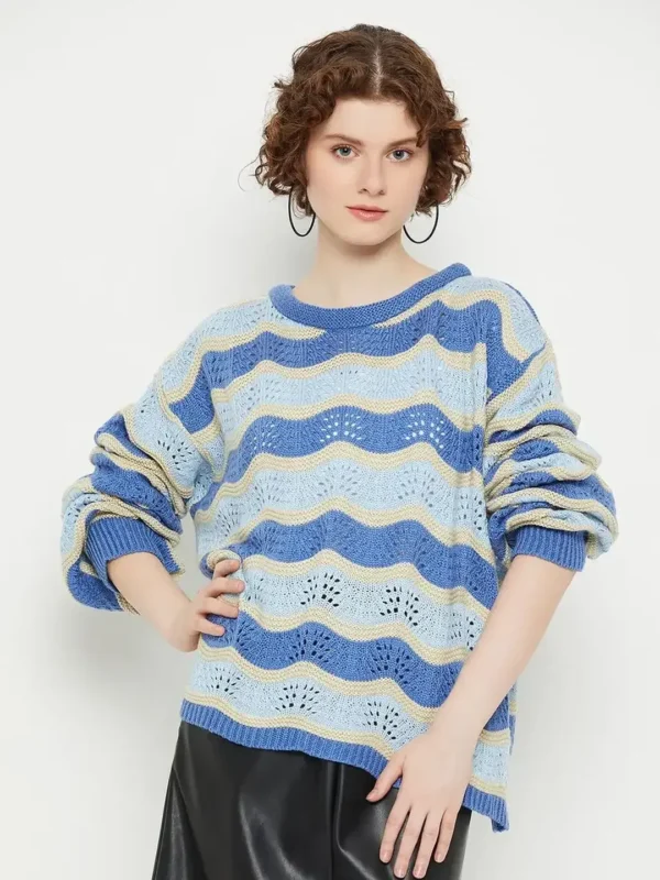Blue Printed Wool Knit Relaxed Sweater for Women