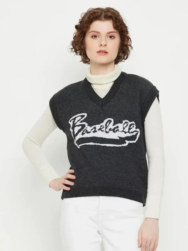 Black Printed Relaxed Sweater Vest for Women