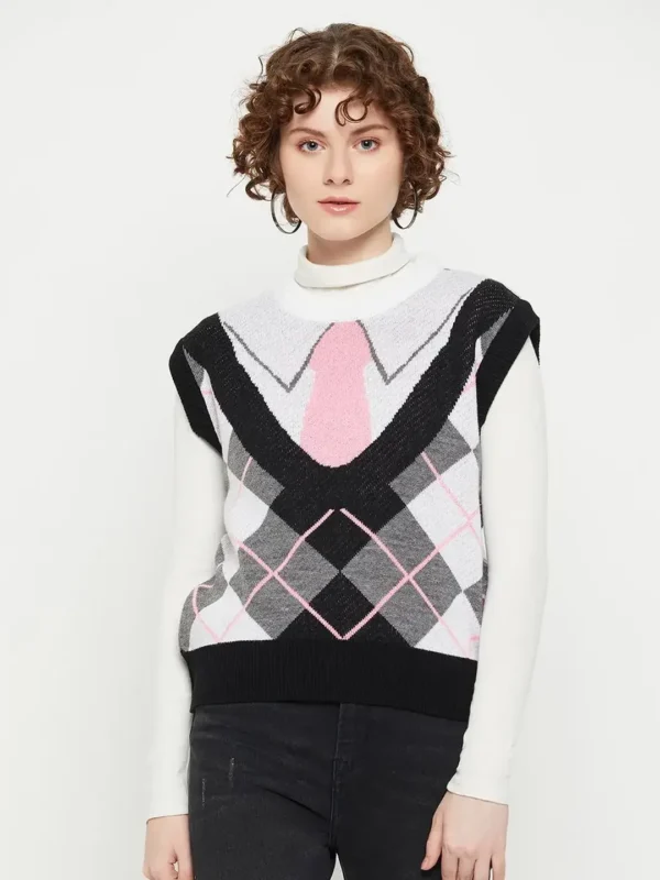 Multicolour Printed Wool Sweater Vest for Women