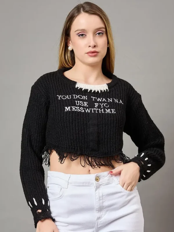 Black Printed Distressed Cropped Sweater for Women