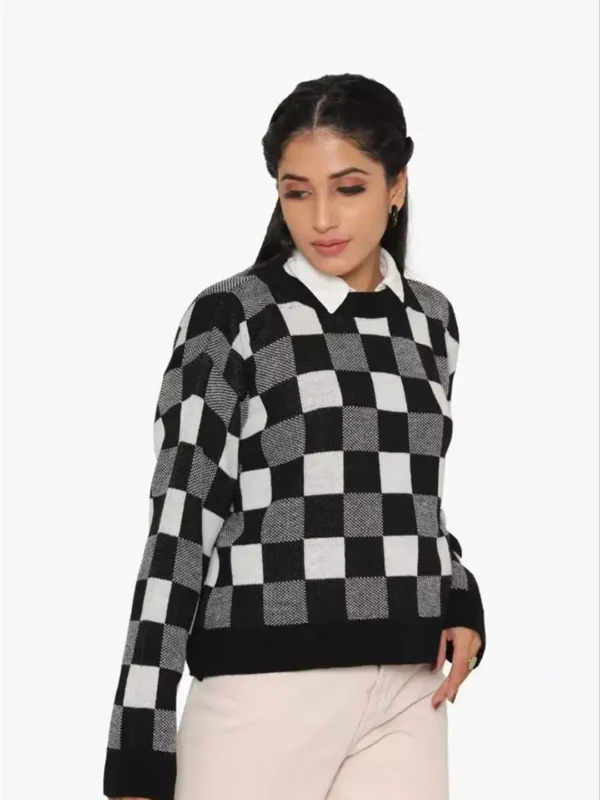 Black Checked Wool Knit Sweater for Women